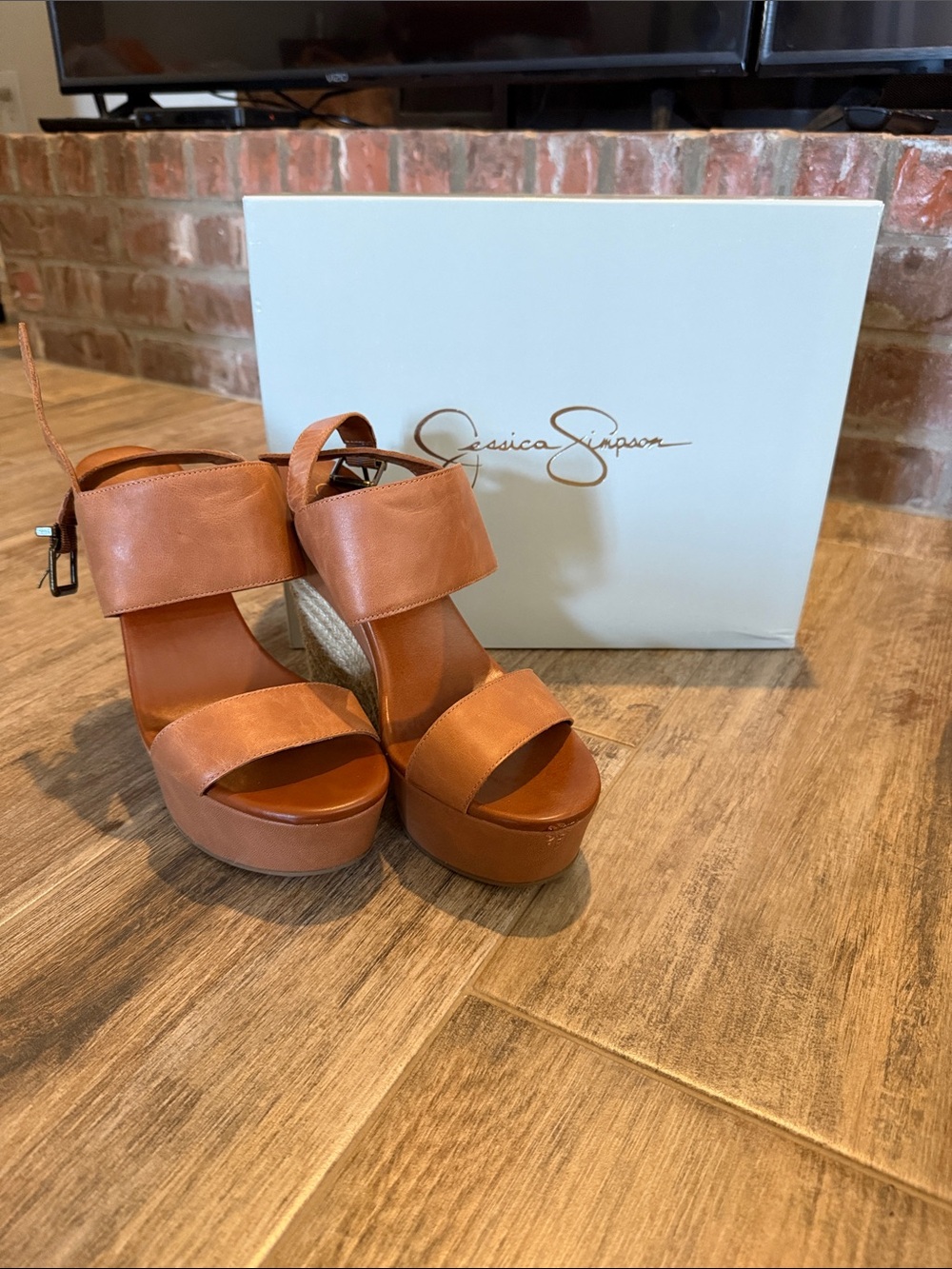 Jessica Simpson Cognac Leather Platform Wedge Sandals